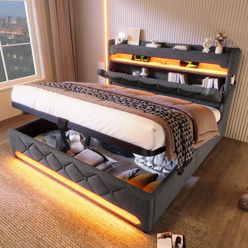 Ball & Cast Upholstered Bed 180 x 200 cm with LED Lighting, USB Type-C Charging, Storage Headboard for Cellphones and Tablets, 6ft Hydraulic Storage Bed with Metal Slatted Frame, Grey (No Mattress) - Image 1