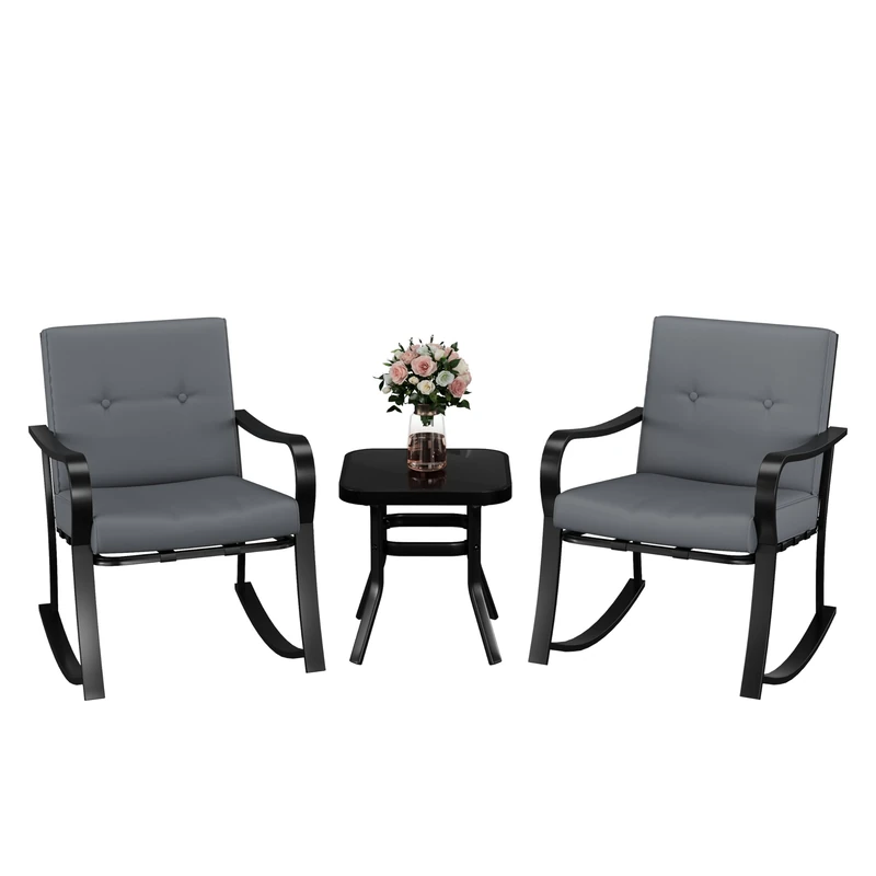 GarveeLife Comfortable Rocking Patio Sofa Set – 3-Piece Outdoor Furniture with 2 Rocking Chairs, Washable Warm Grey Cushions, Glass Table – Weather-Resistant for Balcony, Garden, Terrace – Includes