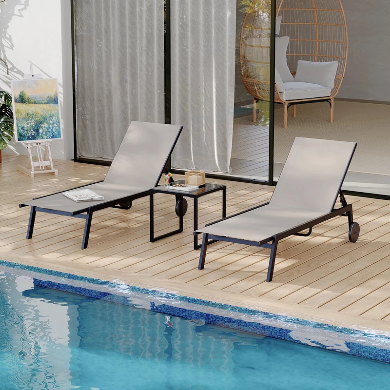 GarveeHome 3-Piece Patio Lounge Set with 2 Textilene Loungers and 1 Coffee Table, Lounge Chair with Adjustable Backrest and Wheels, for Pool Area and Patio