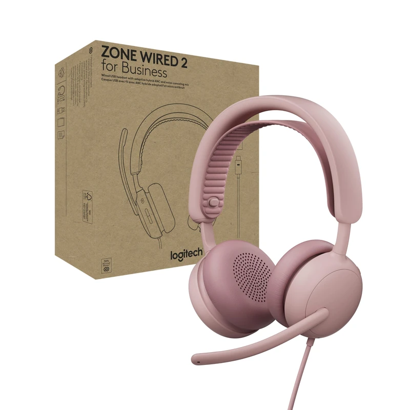 Logitech Zone Wired 2 for Business - Noise-Canceling Headset with Adaptive Hybrid ANC, Microsoft Teams Certified, USB-C with USB-A adapter - Rose