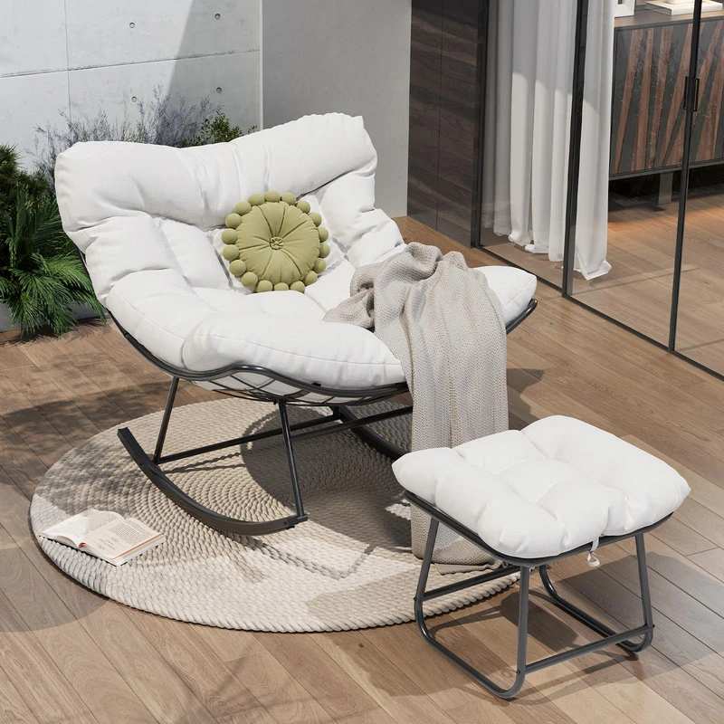 GarveeLife 100x100x90CM Oversized Outdoor Papasan Rocking Chair with Footrest & Ottoman – Sturdy Metal Frame, All-Weather Wicker Egg Lounge Chair for Patio, Balcony, Porch, Bedroom，White