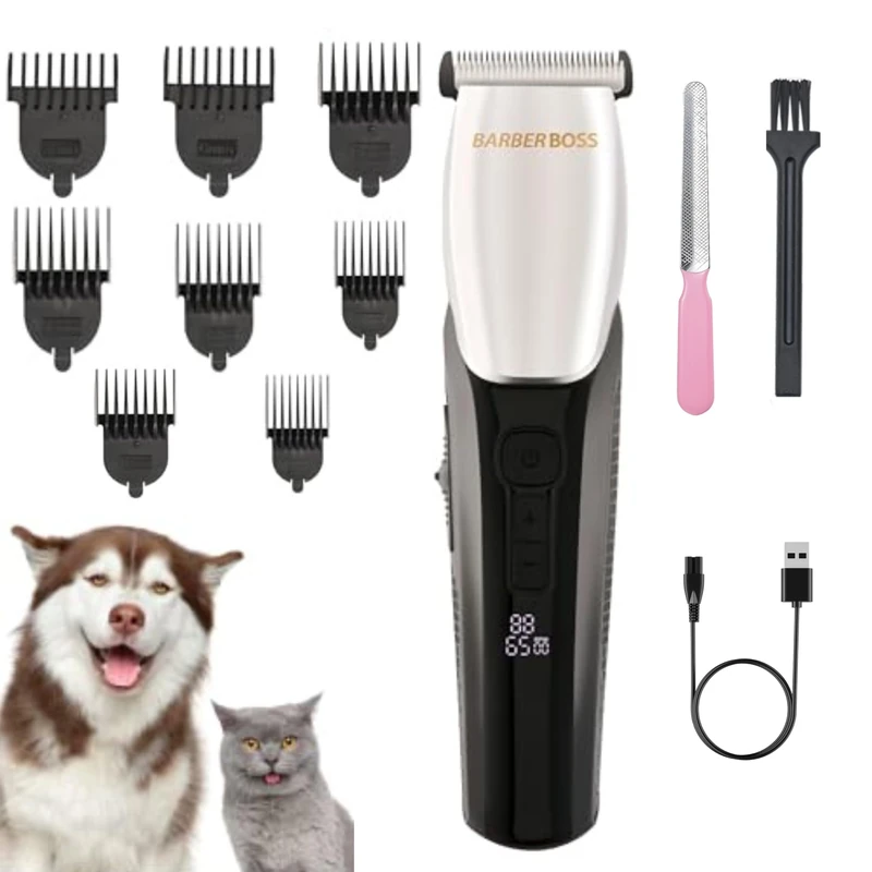 BarberBoss Pet Grooming Clippers, Groomer for Dogs & Cats, Quiet Waterproof Hair Trimmer with Adjustable Lengths, Cordless Pets Clipper, Complete Home Grooming Kit for Pets
