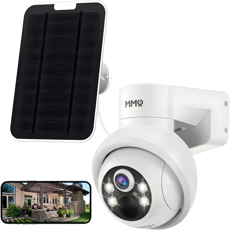 MMQ Solar Security Cameras Wireless Outdoor, 4MP PTZ Powered Security Cameras for Home, Security Camera Outside with PIR Motion Detection, Color Night Vision, Two Way Audio, Compatible with Alexa