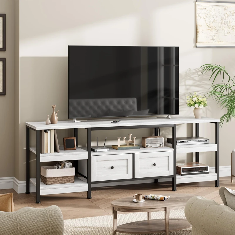 GarveeHome 200 cm Long TV Stand, Vintage TV Furniture with Metal Frame, TV Cabinet with Open Storage Compartments and 2 Drawers, for Living Room and Bedroom