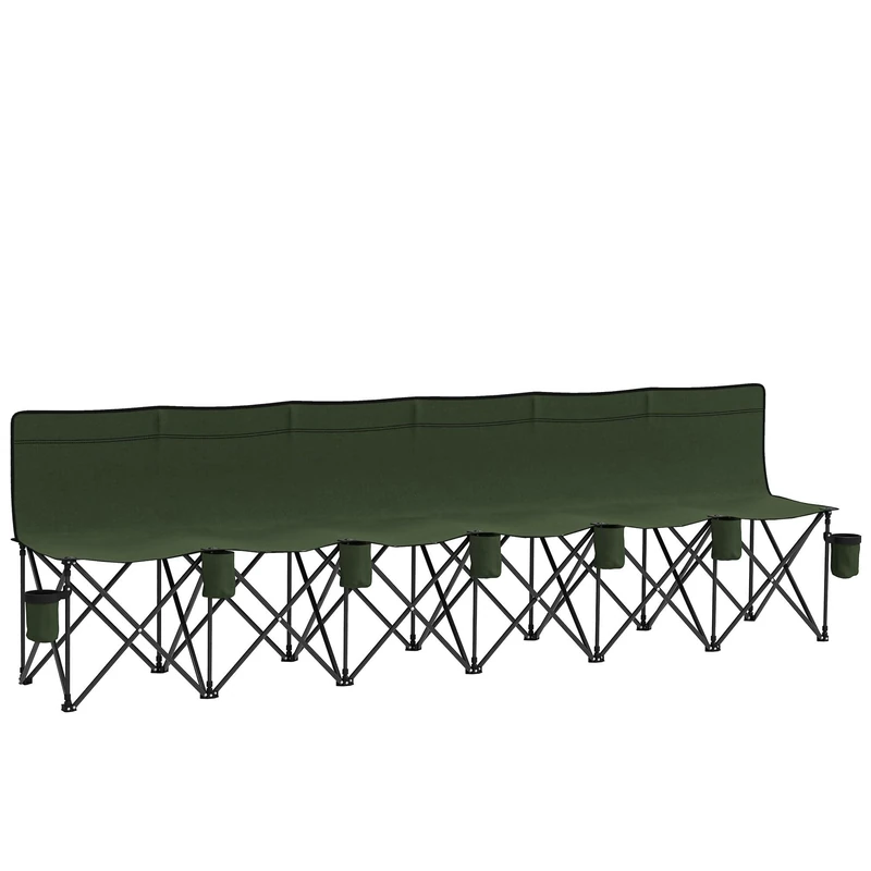 Outsunny 6 Seater Folding Bench, Outdoor Camping Chair Portable Sports Spectator Chair with Metal Frame, Cup Holder & Carry Bag, Green - Image 1