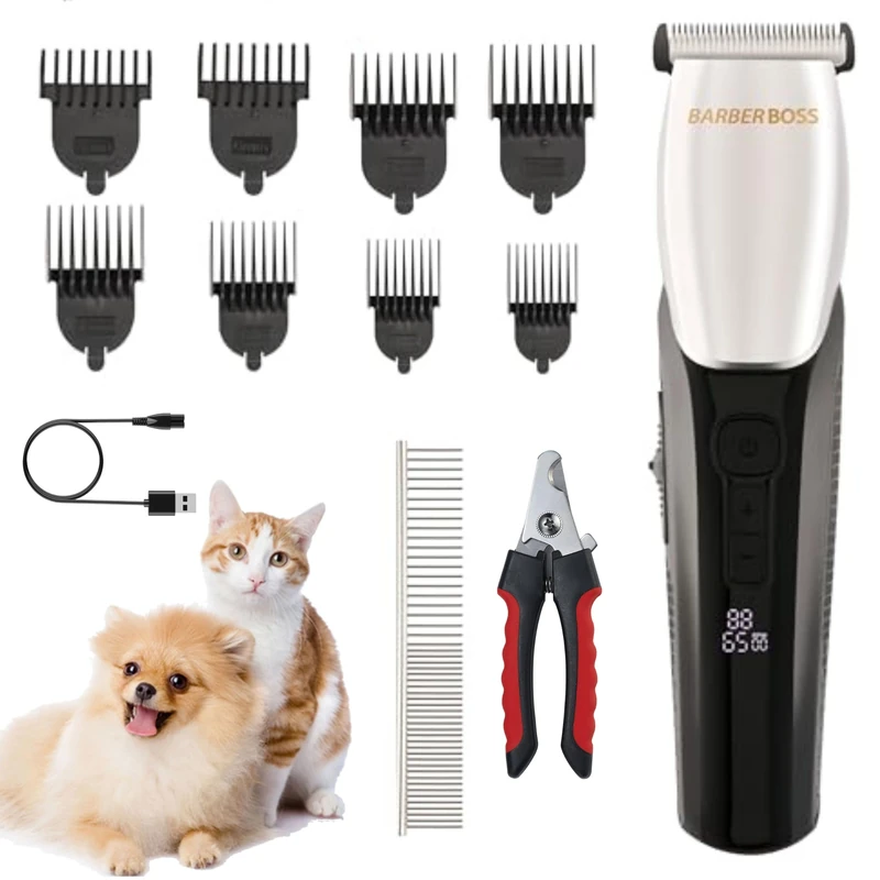 BarberBoss Cordless Pet Hair Clipper for Dogs & Cats, Quiet Waterproof Groomer with Adjustable Cutting Lengths, LED Battery Display, Professional Dog Grooming Kit