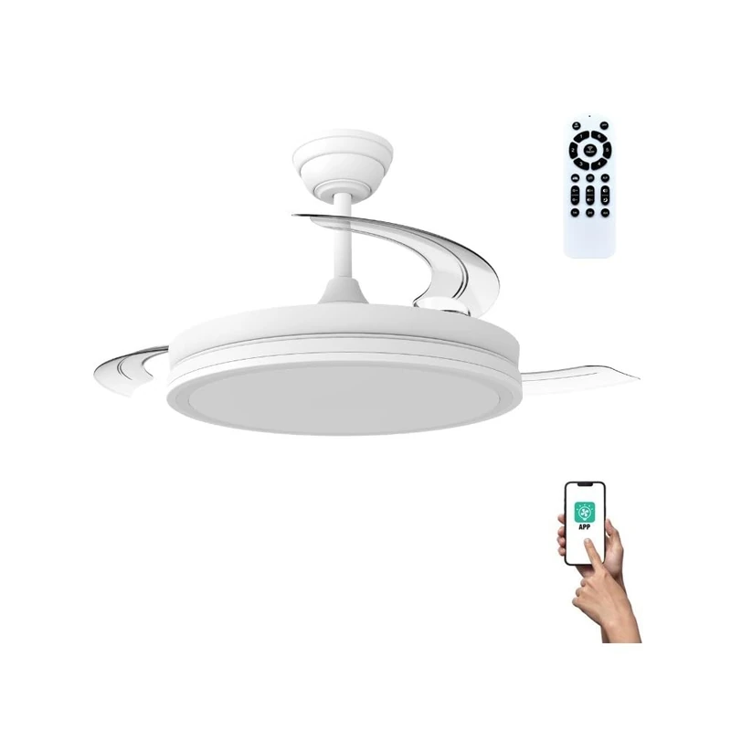 wonderlamp Ceiling Fan Retractable Blades Silent with Night Light Mode, Smart with APP or Remote Control, Dimmable LED Light 3CCT 60W Astra Evo White, DC Motor, 6 Speeds Ø106