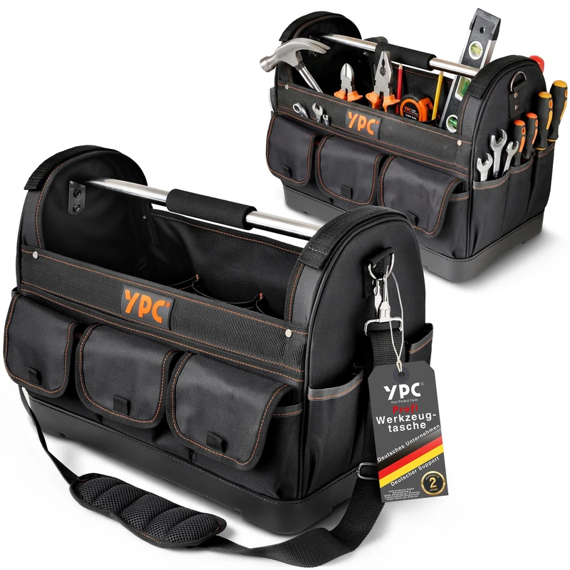 YPC Pioneer XXL Tool Basket - Professional Portable Tool Bag with Sturdy Base, Waterproof, Tear-Resistant, Shoulder Strap with Pad & Metal Handle, Black, 45 x 35 x 23 cm - 20 kg Load Capacity - Image 1