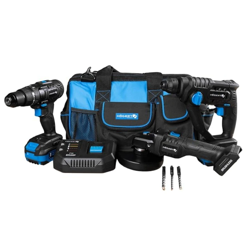 HÖGERT TECHNIK - 18V Battery Powered Power Tool Set Hammer Drill SDS+ Angle Grinder 125mm 2 x 4Ah Batteries 4A Charger Tool Set - Image 1