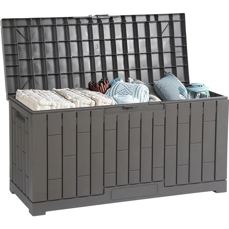 dobar Storage Box 225 L Made of Plastic - Garden Chest Weatherproof in Wood Look - Lockable Garden Box for Cushions, Upholstery & Garden Accessories - 107 x 43.5 x 54.5 cm - Brown - Image 1