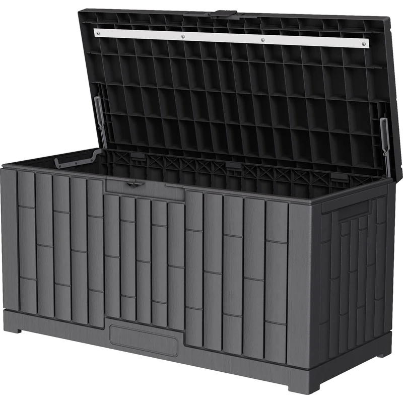 dobar Plastic Garden Chest, 300 L, Weather-Resistant Storage Box in Wood Look, Lockable Garden Box for Cushions, Upholstery and Accessories, 117 x 45 x 56 cm, Anthracite - Image 1