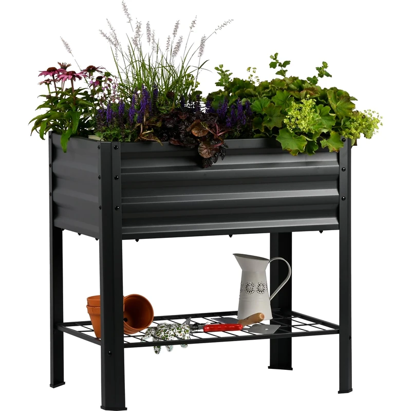 dobar Metal Raised Bed on Stilts - Planter Box 110 L - Raised Bed with Shelf for Balcony, Patio and Garden - 80 x 51 x 80 cm - Anthracite