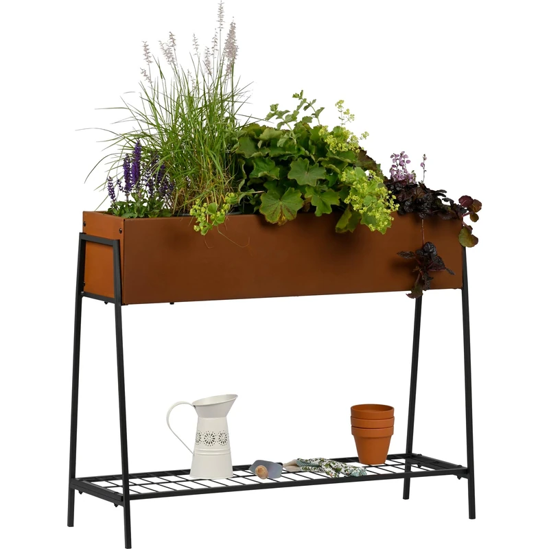 dobar Metal Planter on Stilts - Raised Bed in Comfortable Working Height Approx. 80 cm - Plant Pot in Patina Look as Room Divider for Garden, Balcony and Patio - 100 x 35 x 80 cm - Patina