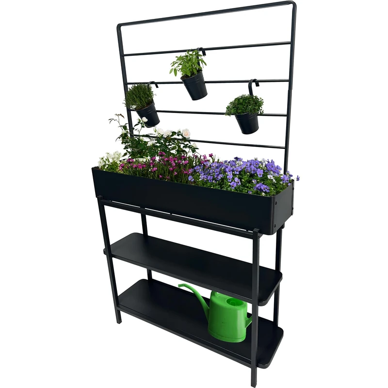 dobar® Metal Raised Bed with Trellis and 3 Hanging Pots, Powder Coated Steel Plant Shelf with 2 Shelves, Planter Box for Balcony, Patio and Garden, 94 x 30 x 155 cm, Anthracite - Image 1
