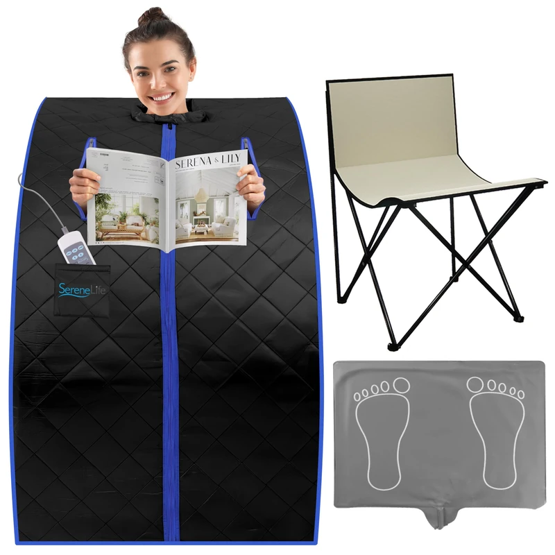SereneLife Portable Sauna for Home, Infrared Sauna Tent with Heated Foot Pad and Folding Chair, Compact Personal Detox Sauna, Remote Control in-Home Spa, 40" x 33" - inch (Black)
