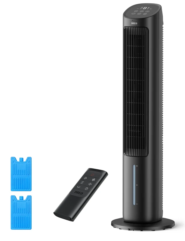 DREO 40“ Evaporative Air Cooler, 35dB Silent Cooling Fan that Blow Cold Air, 80° Oscillating Bladeless Tower Fan for Bedroom, Removable Water Tank, Ice Packs, Remote Control, 4 Speed, 7H Timer, Black