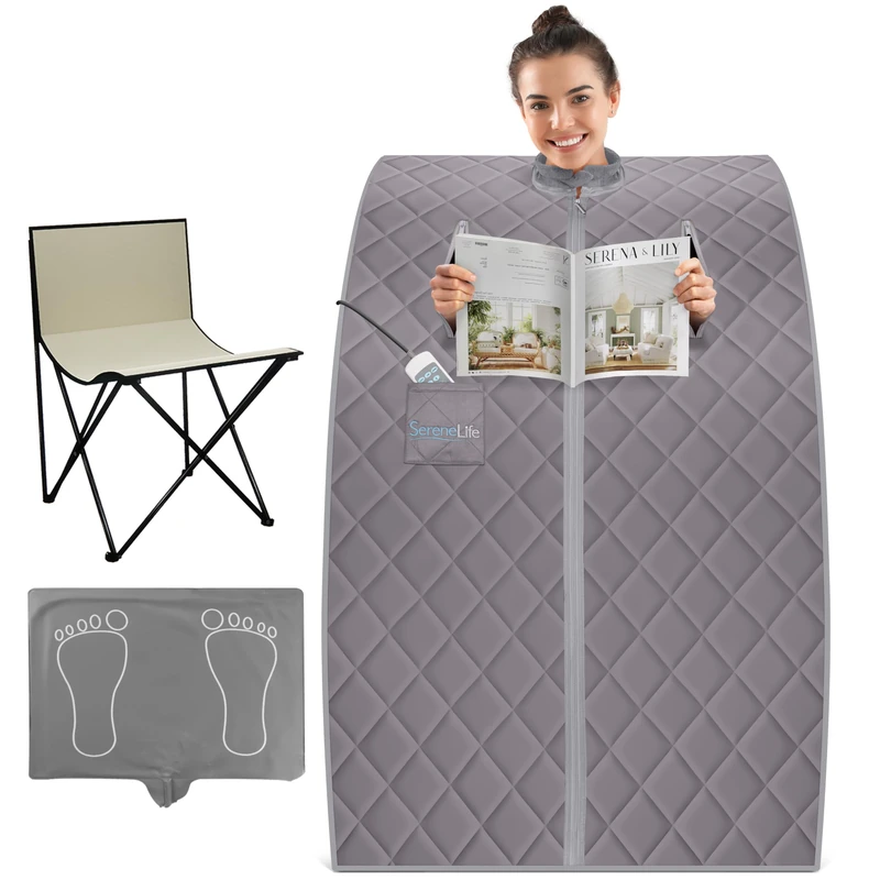SereneLife Portable Sauna for Home, Infrared Sauna Tent with Heated Foot Pad and Folding Chair, Compact Personal Rejuvenation Sauna, Remote Control in-Home Spa, 38" x 32” - (Gray)