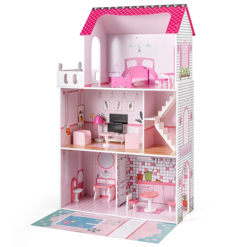 FANTASK Wooden Doll's House 120.5 cm High, Doll's Villa with 3 Levels and 17 Pieces of Furniture, Playhouse for Girls and Boys from 2 Years, 73 x 34 x 120.5 cm (Pink) - Image 1