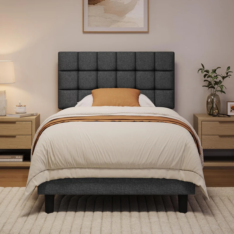 Yaheetech Double Upholstered Bed Frame with Adjustable Square Tufted Headboard/Linen Fabric/Sturdy Wooden Slat Support/No Box Spring Needed, 3ft Light Grey