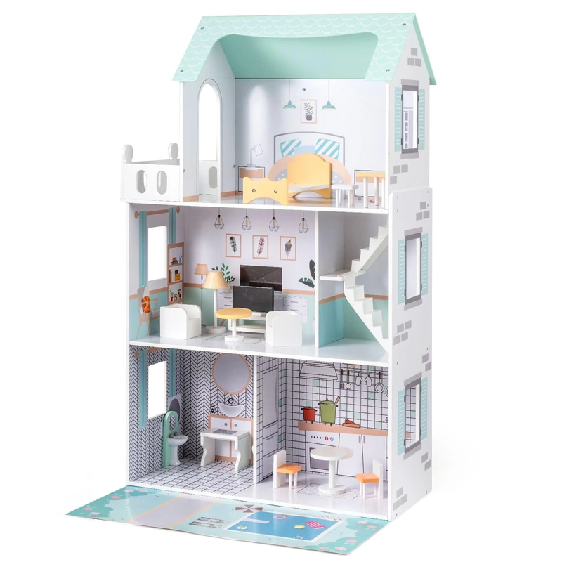 FANTASK Wooden Doll's House 120.5 cm High, Doll's Villa with 3 Levels and 17 Pieces of Furniture, Playhouse for Girls and Boys from 2 Years, 73 x 34 x 120.5 cm (Green) - Image 1