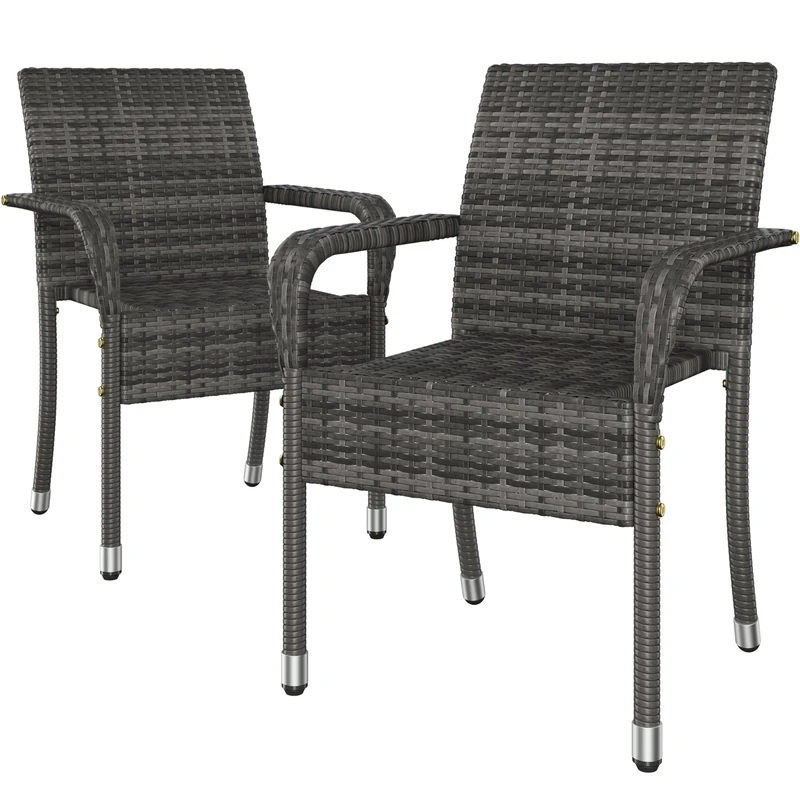 Yaheetech Set of 2 Rattan Stackable Outdoor Garden Chair Lightweight All-Weather w/Armrests for Patio, Backyard, Poolside, Grey