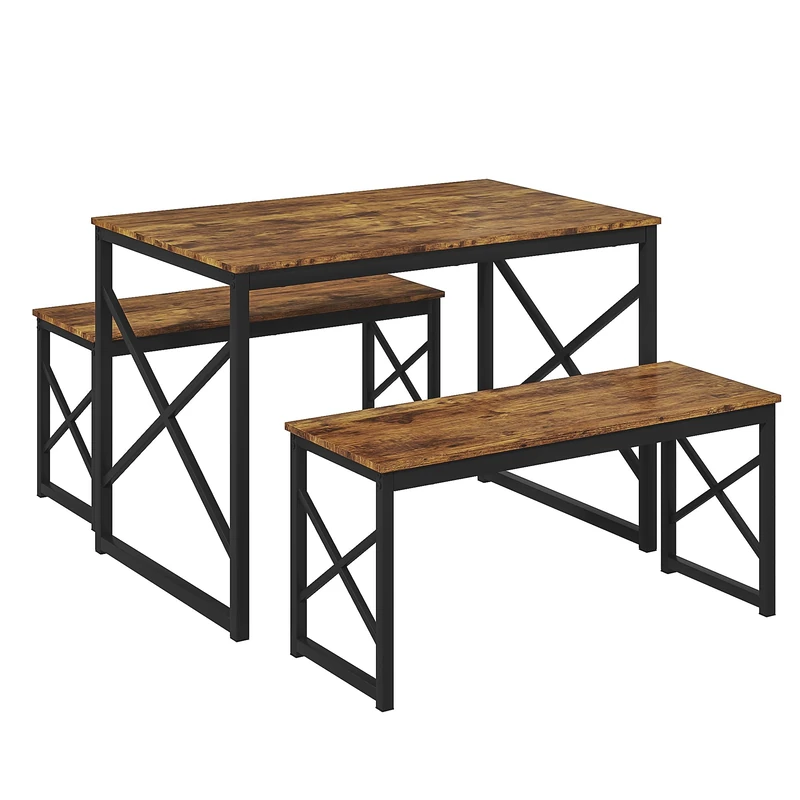 VECELO Dining Table Set with 2 Benches, Space-Saving Kitchen Table Furniture Set for 4 People Small Space, Sturdy Metal Frame Industrial Design, Retro Brown