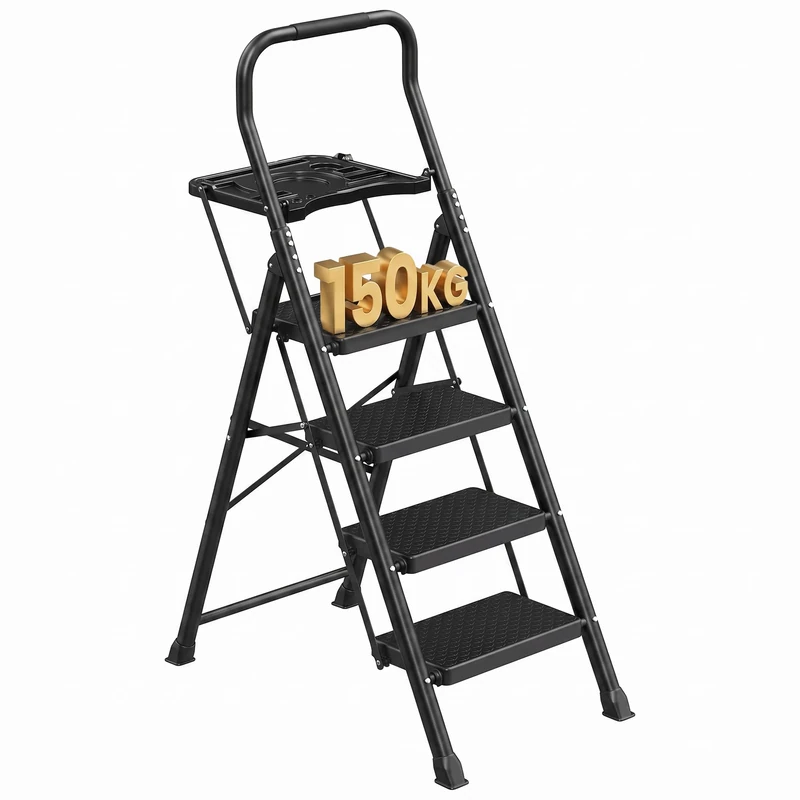 SONGMICS 4-Step Ladder with Tool Tray, Wide Anti-Slip Pedals Step Stool