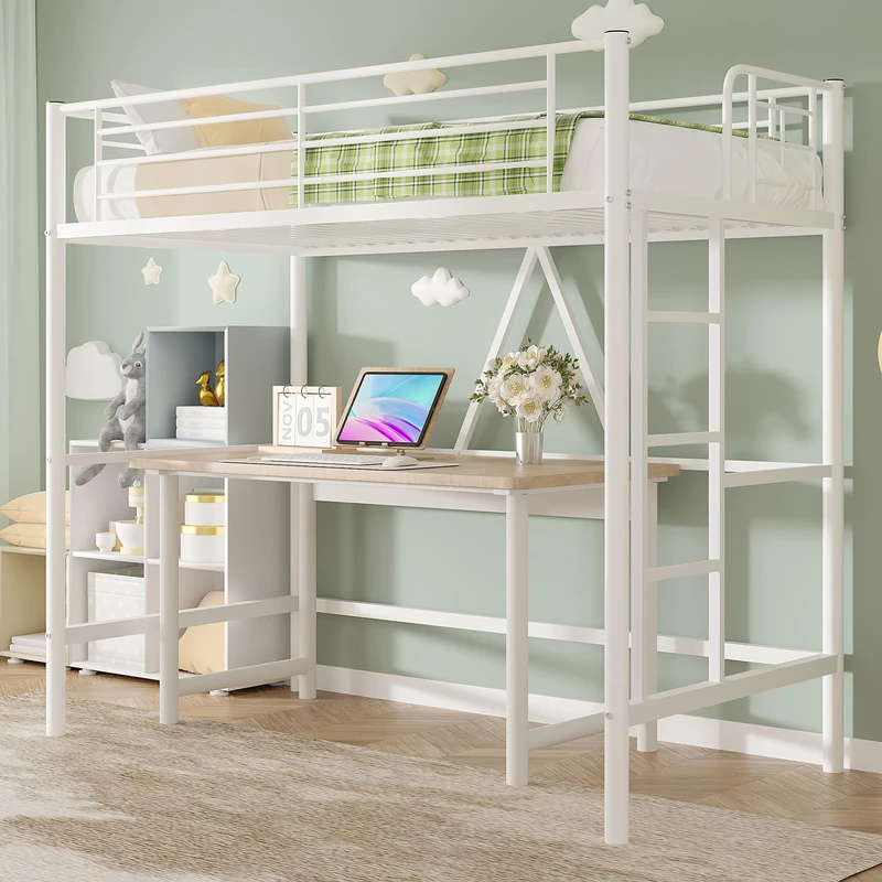 VECELO Metal Bunk Bed Single Size, High Sleeper Bedframe 90×190cm with Removable Ladder and Safety Guardrail, Space-Saving, Noise Free, No Box Spring Needed, White