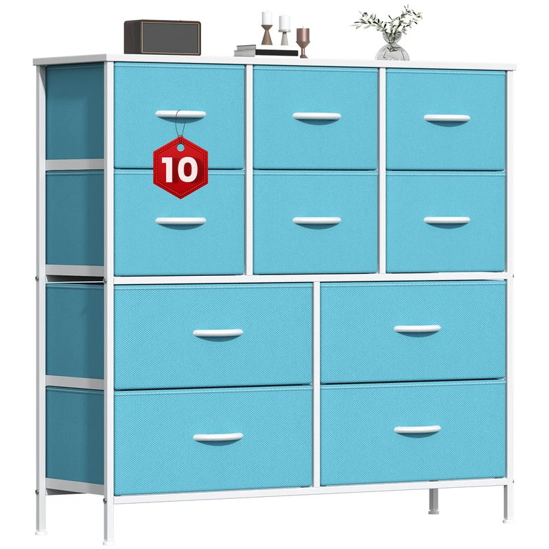 GoaHi Chest of Drawers, Large Dressers with Metal Frame and MDF Wooden Top Board, Adjustable Feet, Anti-Tip Safety, Storage Unit with 10 Drawers for Bedroom, Living Room, Closet, Office Blue