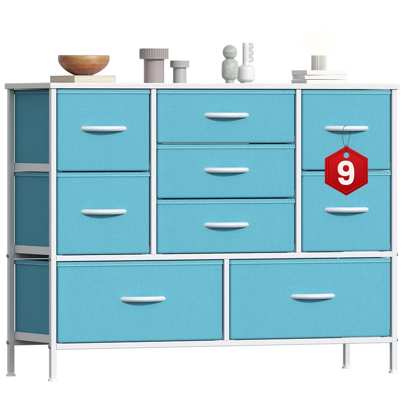 GoaHi Chest of Drawers, Large Dressers with Metal Frame and MDF Wooden Top Board, Adjustable Feet, Anti-Tip Safety, Storage Unit with 9 Drawers for Bedroom, Living Room, Closet, Office Blue