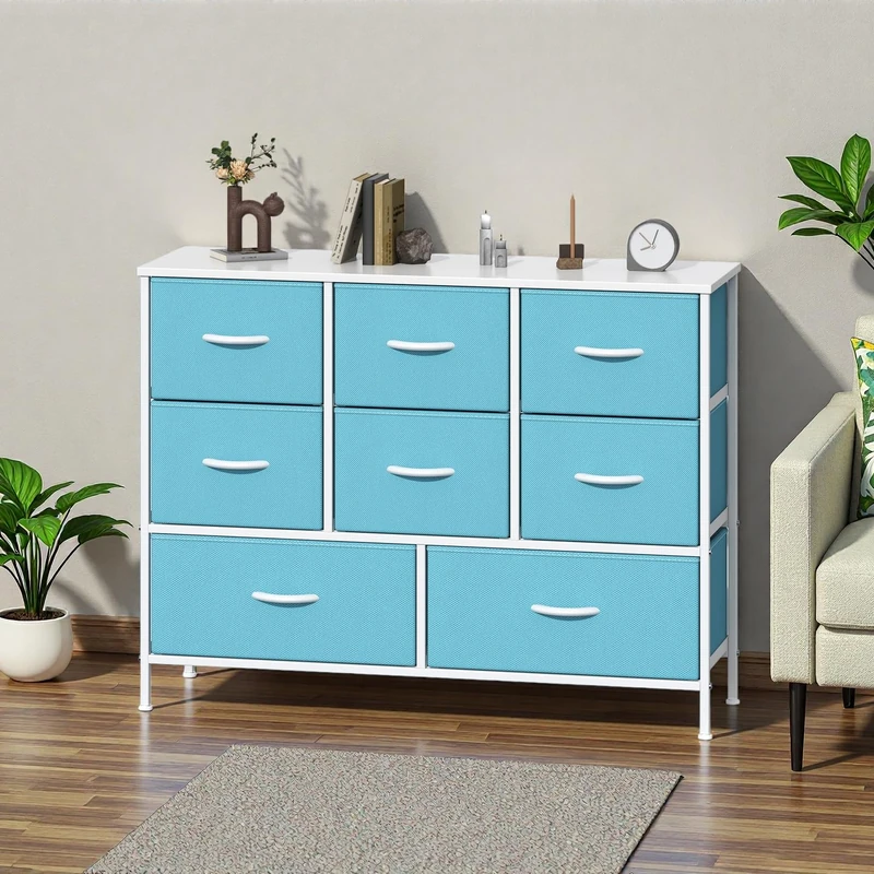GoaHi Chest of Drawers, Fabric Dressers with Metal Frame and MDF Wooden Top Board, Adjustable Feet, Anti-Tip Safety, Storage Unit with 8 Drawers for Bedroom, Living Room, Closet, Blue