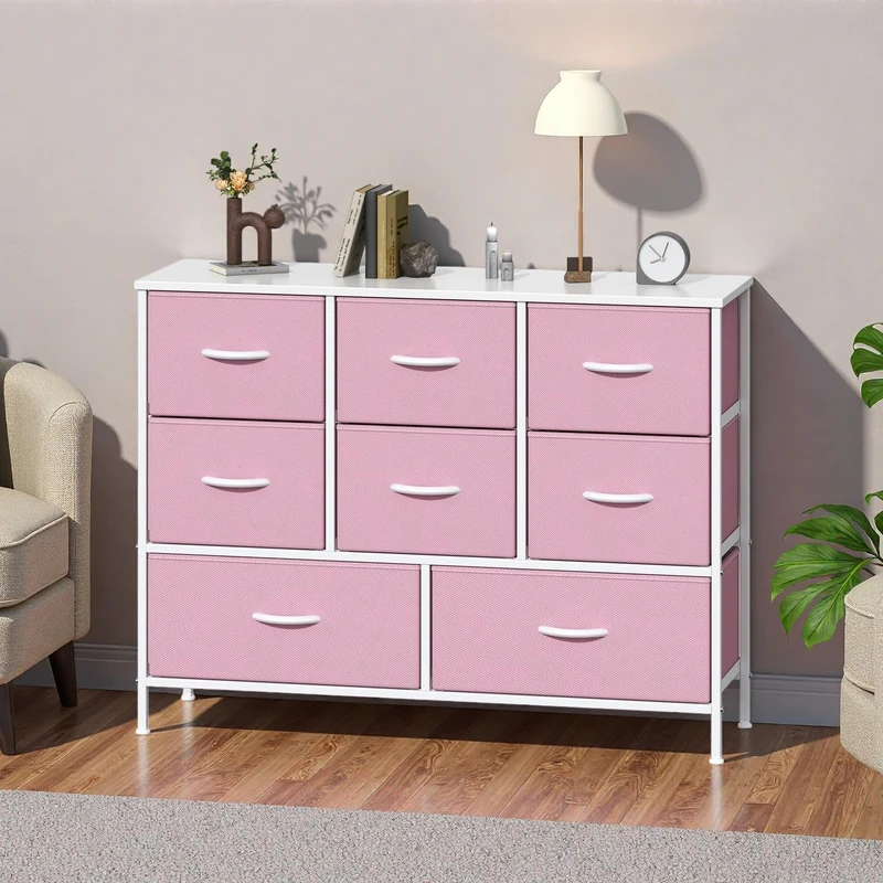 GoaHi Chest of Drawers, Fabric Dressers with Metal Frame and MDF Wooden Top Board, Adjustable Feet, Anti-Tip Safety, Storage Unit with 8 Drawers for Bedroom, Living Room, Closet, Pink