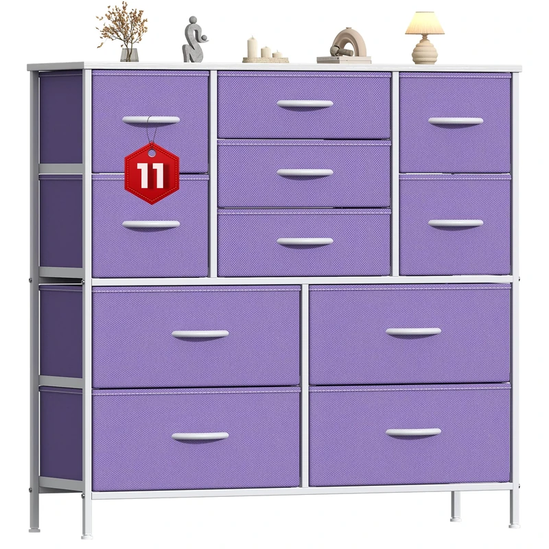 GoaHi Chest of Drawers, Large Dressers with Metal Frame and MDF Wooden Top Board, Adjustable Feet, Anti-Tip Safety, Storage Unit with 11 Drawers for Bedroom, Living Room, Closet, Office Purple