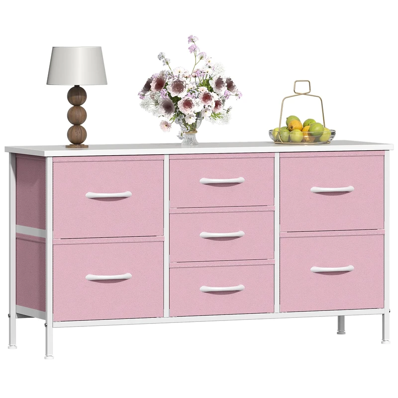 GoaHi Chest of Drawers, Small Dressers with Metal Frame and MDF Wooden Top Board, Adjustable Feet, Anti-Tip Safety, Storage Unit with 7 Drawers for Bedroom, Living Room, Closet, Office Pink