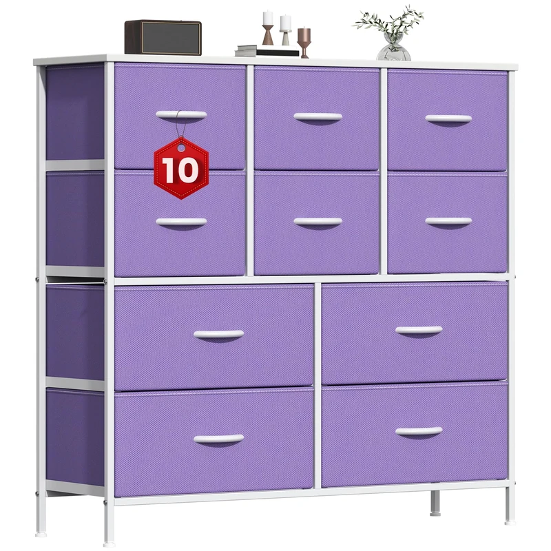 GoaHi Chest of Drawers, Large Dressers with Metal Frame and MDF Wooden Top Board, Adjustable Feet, Anti-Tip Safety, Storage Unit with 10 Drawers for Bedroom, Living Room, Closet, Office Purple