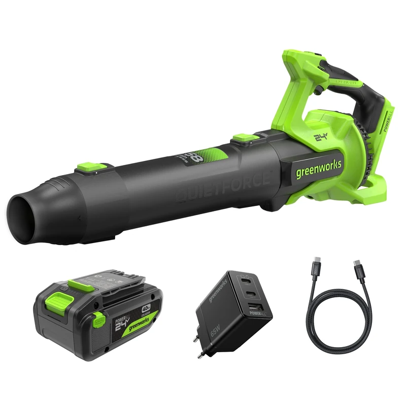 Greenworks 24V Cordless Leaf Blower, Brushless Motor, 14.58 m³/min, 209km/h, QUIETFORCE, Cruise Control, 4Ah USB Battery & 65W USB-C Charger Included BL24515A2
