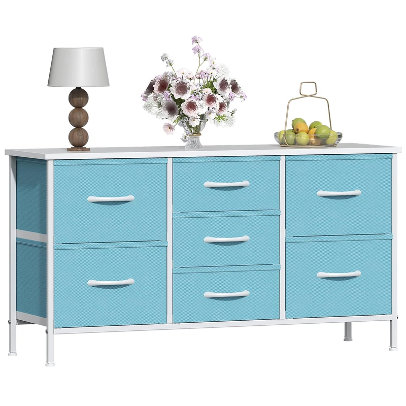 GoaHi Chest of Drawers, Small Dressers with Metal Frame and MDF Wooden Top Board, Adjustable Feet, Anti-Tip Safety, Storage Unit with 7 Drawers for Bedroom, Living Room, Closet, Office Blue