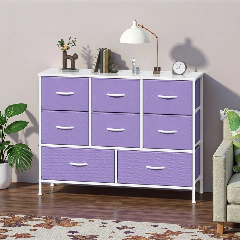 GoaHi Chest of Drawers, Fabric Dressers with Metal Frame and MDF Wooden Top Board, Adjustable Feet, Anti-Tip Safety, Storage Unit with 8 Drawers for Bedroom, Living Room, Closet, Purple