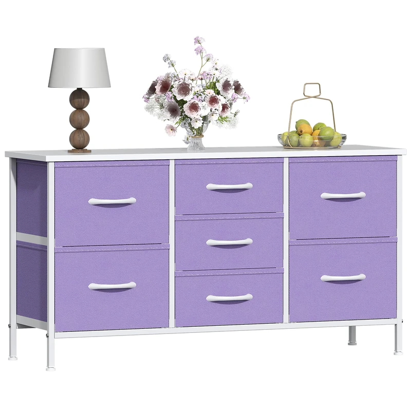 GoaHi Chest of Drawers, Small Dressers with Metal Frame and MDF Wooden Top Board, Adjustable Feet, Anti-Tip Safety, Storage Unit with 7 Drawers for Bedroom, Living Room, Closet, Office Purple