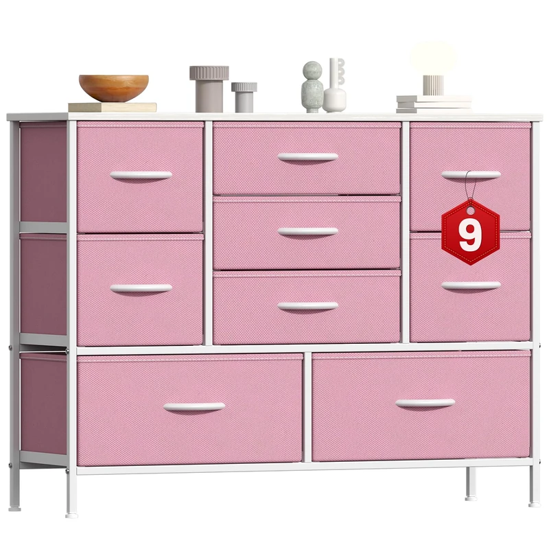 GoaHi Chest of Drawers, Large Dressers with Metal Frame and MDF Wooden Top Board, Adjustable Feet, Anti-Tip Safety, Storage Unit with 9 Drawers for Bedroom, Living Room, Closet, Office Pink
