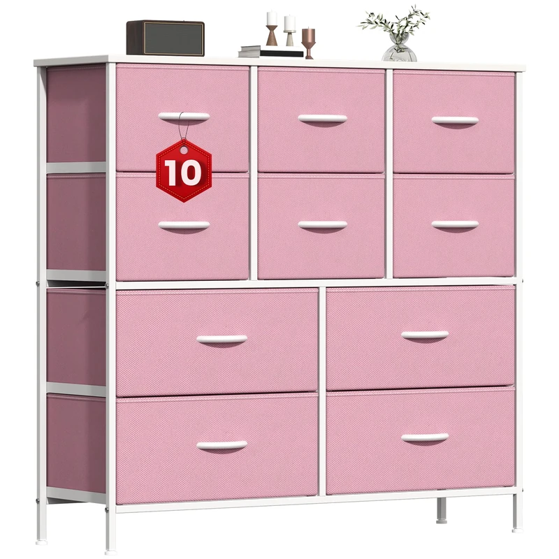 GoaHi Chest of Drawers, Large Dressers with Metal Frame and MDF Wooden Top Board, Adjustable Feet, Anti-Tip Safety, Storage Unit with 10 Drawers for Bedroom, Living Room, Closet, Office Pink