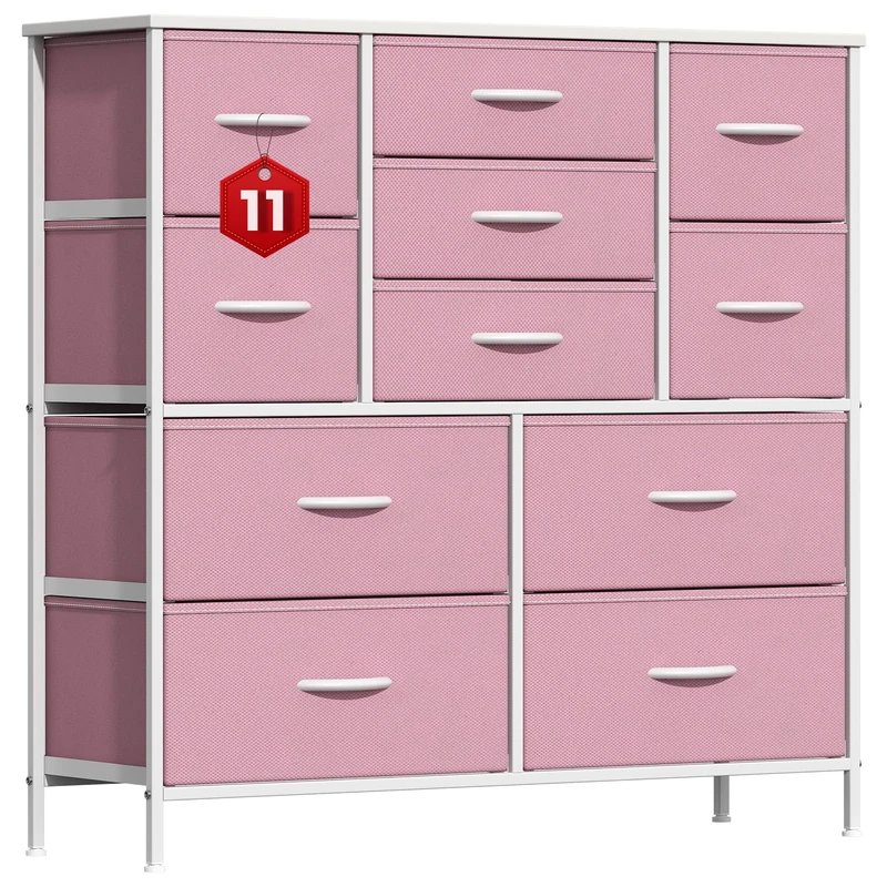 GoaHi Chest of Drawers, Large Dressers with Metal Frame and MDF Wooden Top Board, Adjustable Feet, Anti-Tip Safety, Storage Unit with 11 Drawers for Bedroom, Living Room, Closet, Office Pink