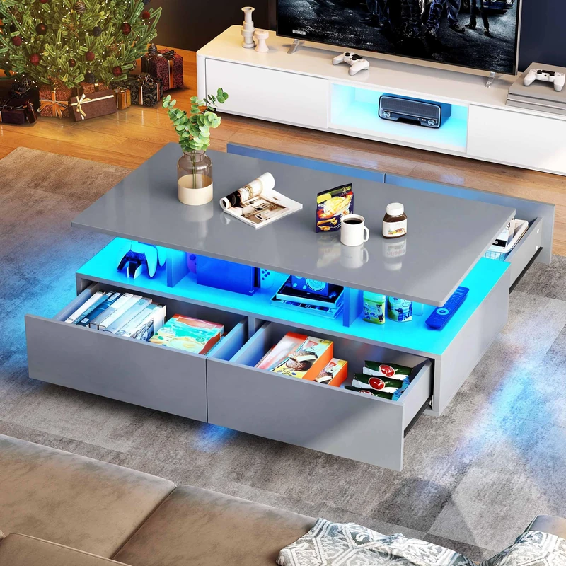 YITAHOME Coffee Table with Storage, High Glossy LED Coffee Tables for Living Room, Grey Coffee Table with Open Display Shelf and Sliding Drawers, 90x55x41.1cm