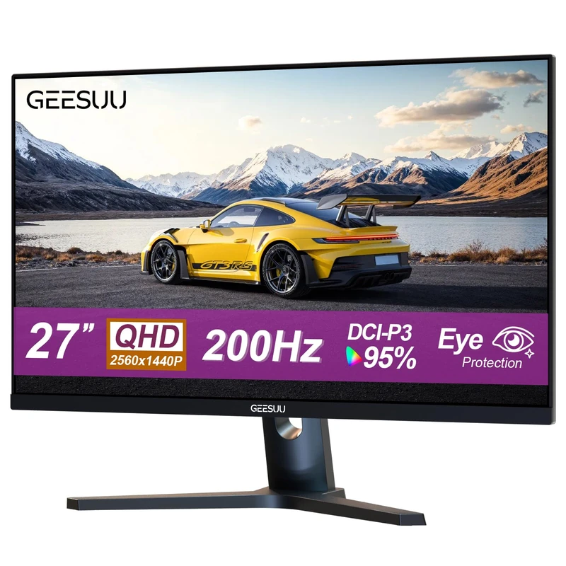 GEESUU 27 Inch Gamer PC Screen, QHD 1440p, Computer 200hz, 1ms, IPS, 95% DCI-P3, 1200:1, Eye Care Screen, Gaming HDMI 2.1 & DP 1.4