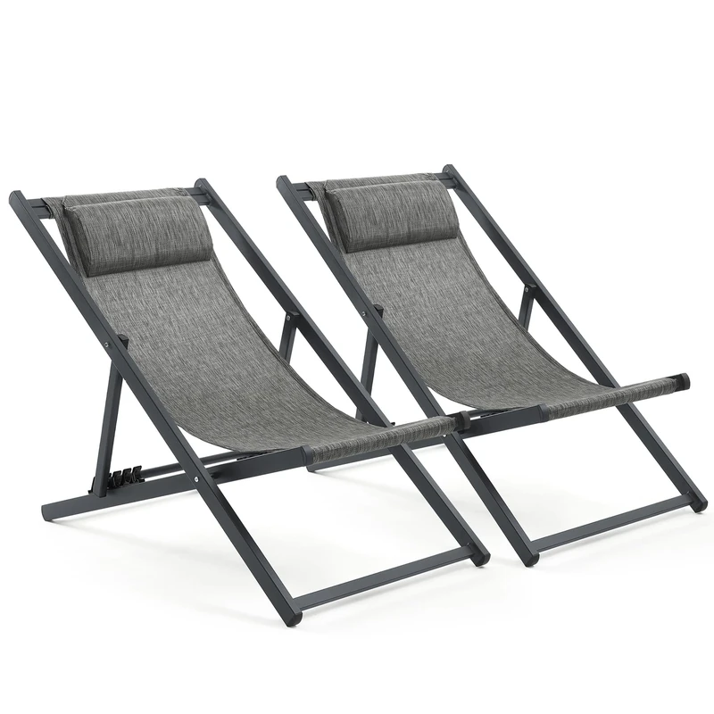 Mondeer Sun Lounger Set of 2, Folding Deck Chairs with Headrest and Adjustable Backrest for Garden, Pool, Patio, Load Capacity 130 kg, W104 x D58 x H95 cm, Black and Grey