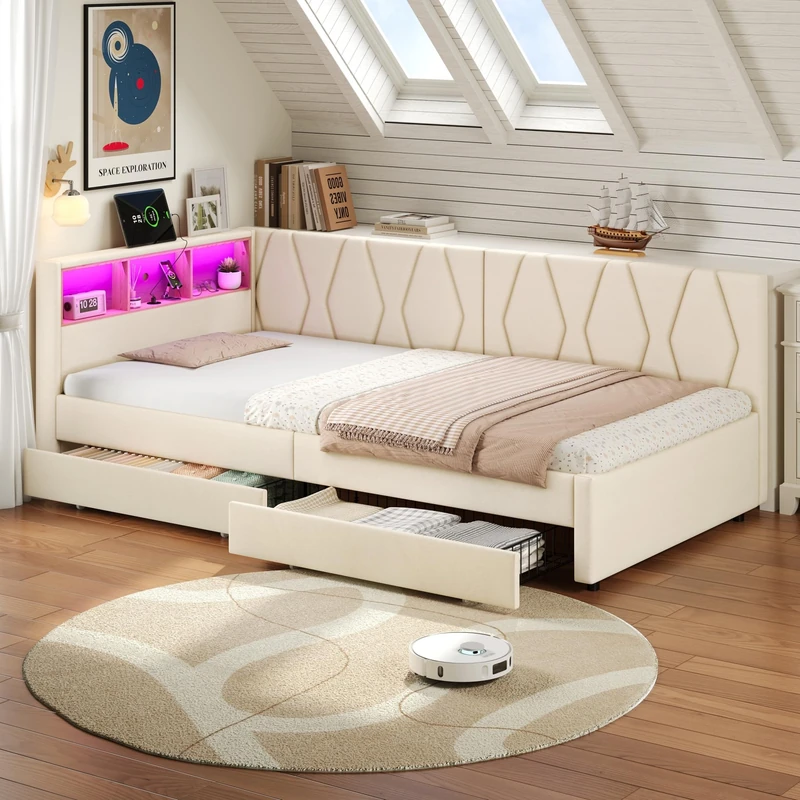Ball & Cast 3ft Daybed with Storage Drawers,LED Single Bed 90x190cm,Linen Sofa Bed with Charging Station, Easy Assembly – Ideal for Living Room, Bedroom & Study Room (No Mattress, Beige)