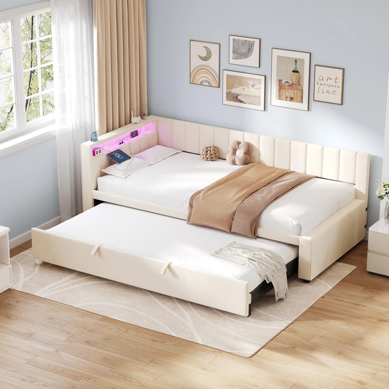 Ball & Cast 3ft Single Velvet Daybed with RGB LED Lights & Charging Station, Upholstered Sofa Bed with Pull-Out Trundle, Beige Space-Saving Bed for Living Room, Bedroom, Home Office (No Mattress)