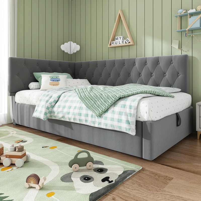 Ball & Cast Single Grey Upholstered Bed, 3ft Single Day Bed Ottoman Bed with Hydraulic Storage, with two Installation Methods, Metal Slatted Frame, for Adults Children,Velvet/90x190cm(No Mattress)