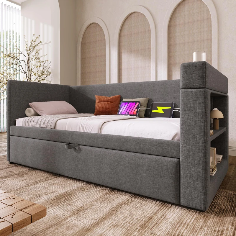 Ball & Cast 3ft Single Trundle Day Bed,Single Grey Upholstered Bed with Pull Out Bed,with Cup Holders,USB&Type C Charging Station,Side Storage,Slatted Frame,for Adults Children,Linen/90x190cm