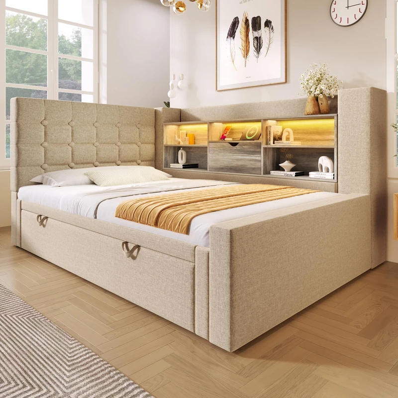 Ball & Cast Daybed with Pull Out Trundle Bed, Single Upholstered Sofa Bed with Storage Compartments,LED Lighting,USB&Type C Charging Station, for Living Room and Bedroom, Linen+Beige/90x190cm